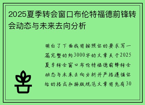 2025夏季转会窗口布伦特福德前锋转会动态与未来去向分析 2025夏季转会窗口布伦特福德前锋转会动态与未来去向分析